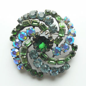 Vintage Claudette Spiral Green Blue AB Brooch